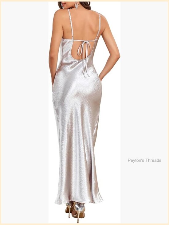 Dresses & Skirts - Satin Spaghetti Strap Backless Maxi Dress Cowl Neck Tie Low Back Wedding Guest
